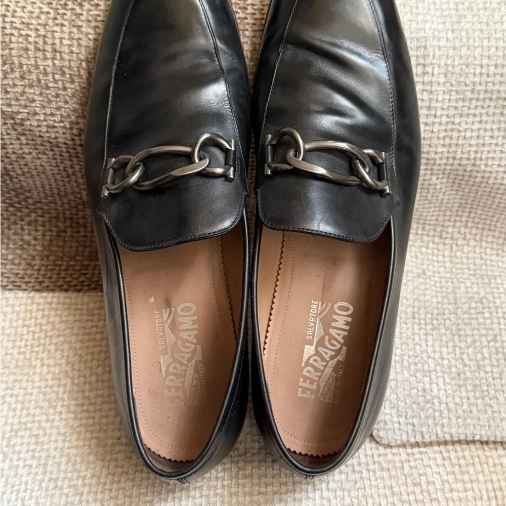 Salvatore Ferragamo Black Leather Horsebit Slip-On Loafers